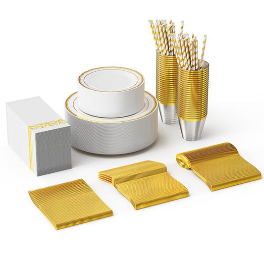 50 sets of flat plastic circular gold disposable tableware with size plates, cups, knives, forks, tissues, straws included Doba