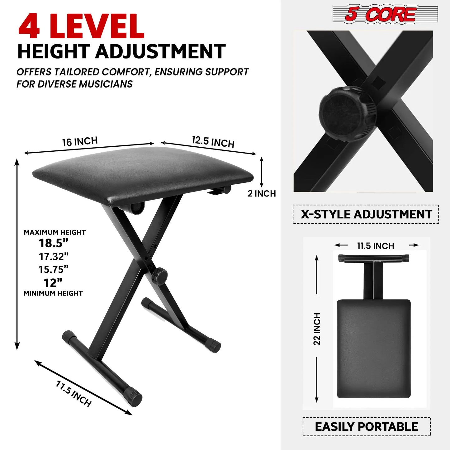 5 Core Keyboard Bench - Thick Padded 12 to 18.5 inch 5 Core