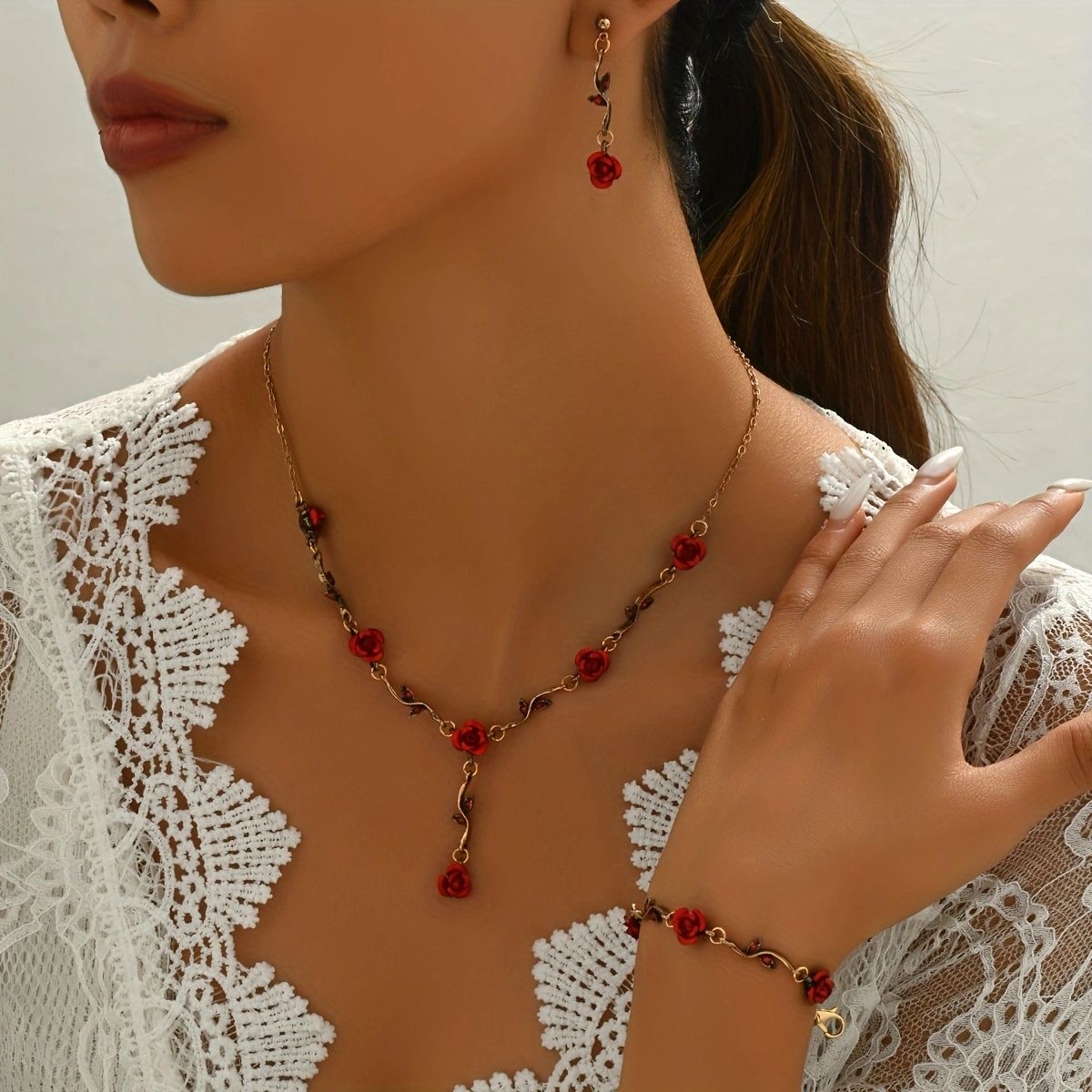 Romantic Rose Garden Jewelry Set -  Necklace, Bracelet, and Earrings Doba