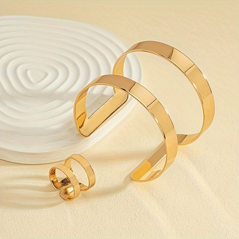 14K Gold Plated Cuff Bangle and  Ring Set - Minimalist Style Doba