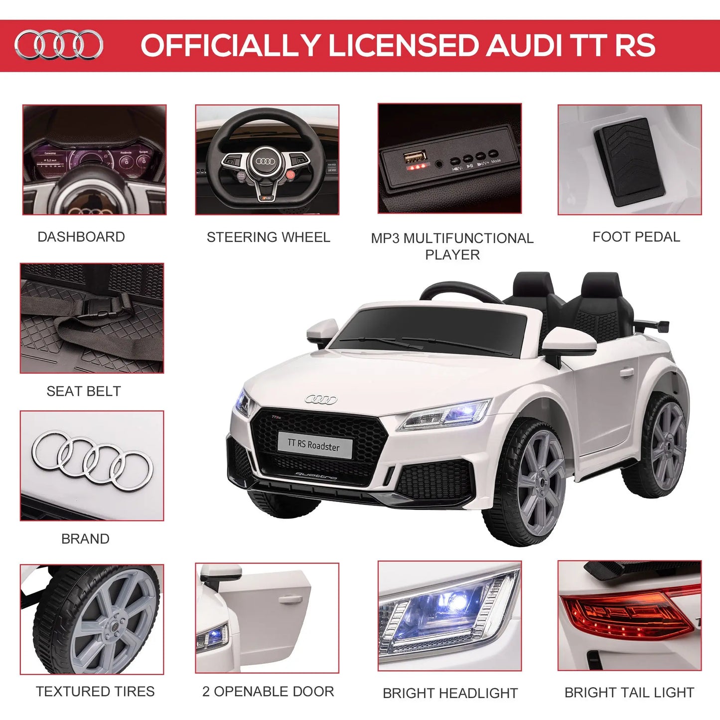 6V Kids Electric Ride On Car, Licensed Audi TT RS with Remote Control - White FX070