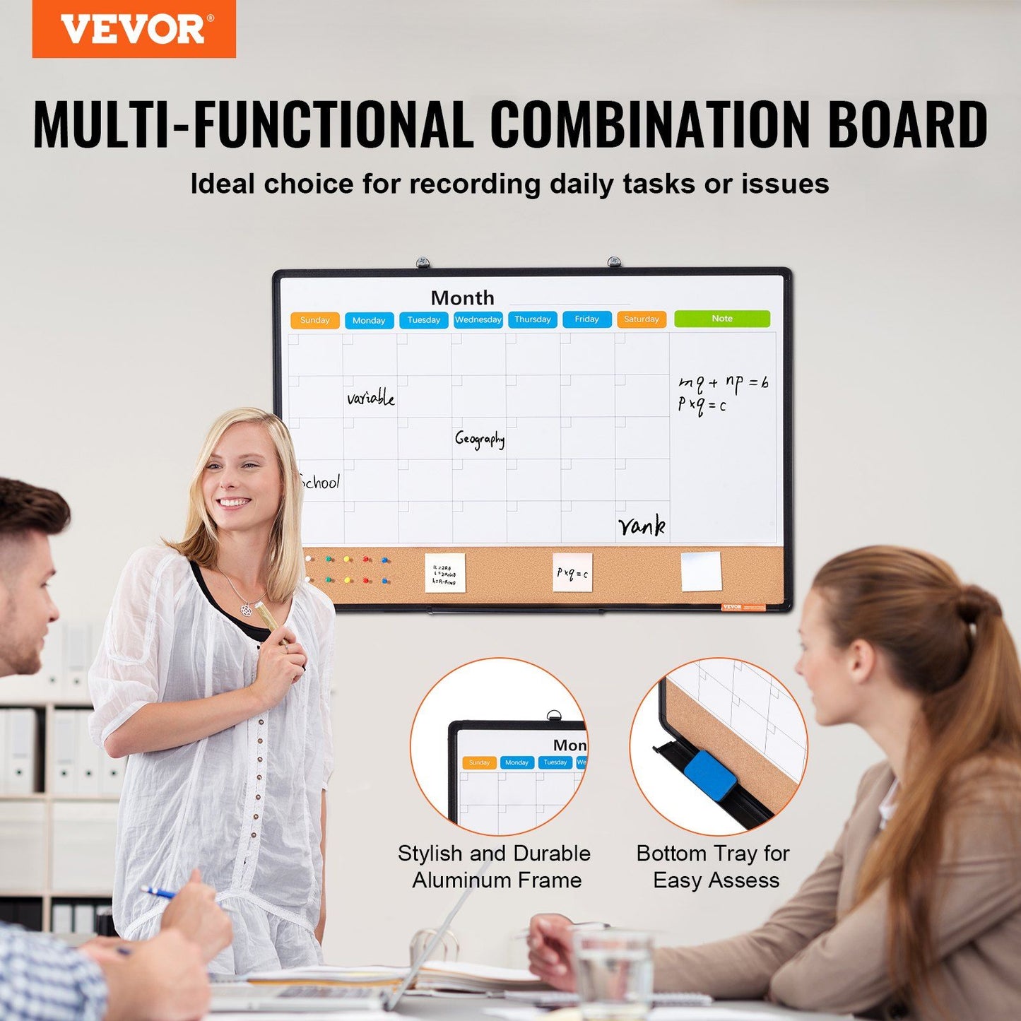 VEVOR 36"x 24" Monthly Calendar Whiteboard & Cork Board Combo with Aluminum Frame Doba