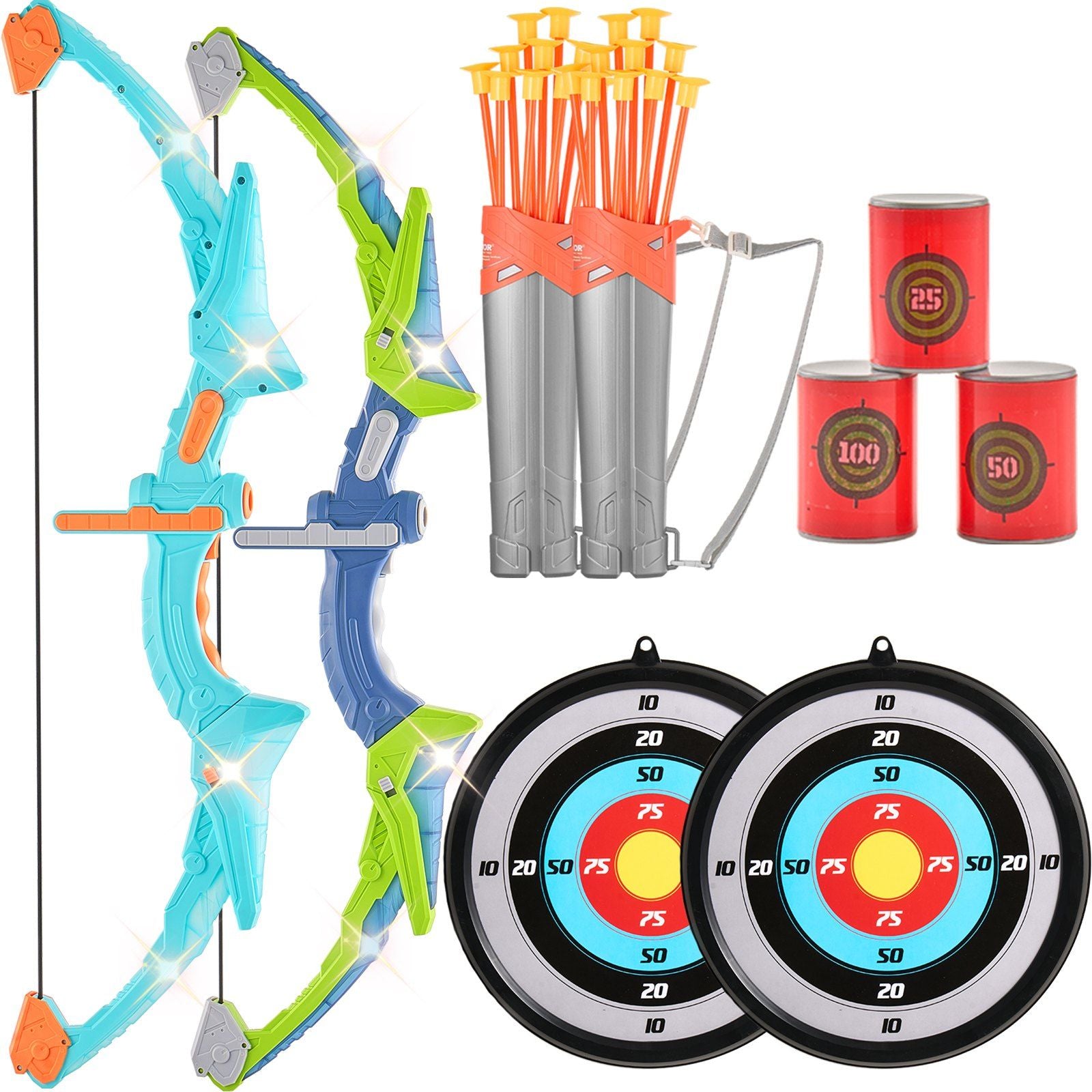 VEVOR Bow and Arrow Set for Kids, 2 Pack LED Light Up Archery Set with 20 Suction Cup Arrows, 2 Hanging Targets, 2 Quivers, 3 Target Cans, Outdoor Toy Birthday Gift for Boy & Girl 6 7 8 9 10+ Year Old Doba