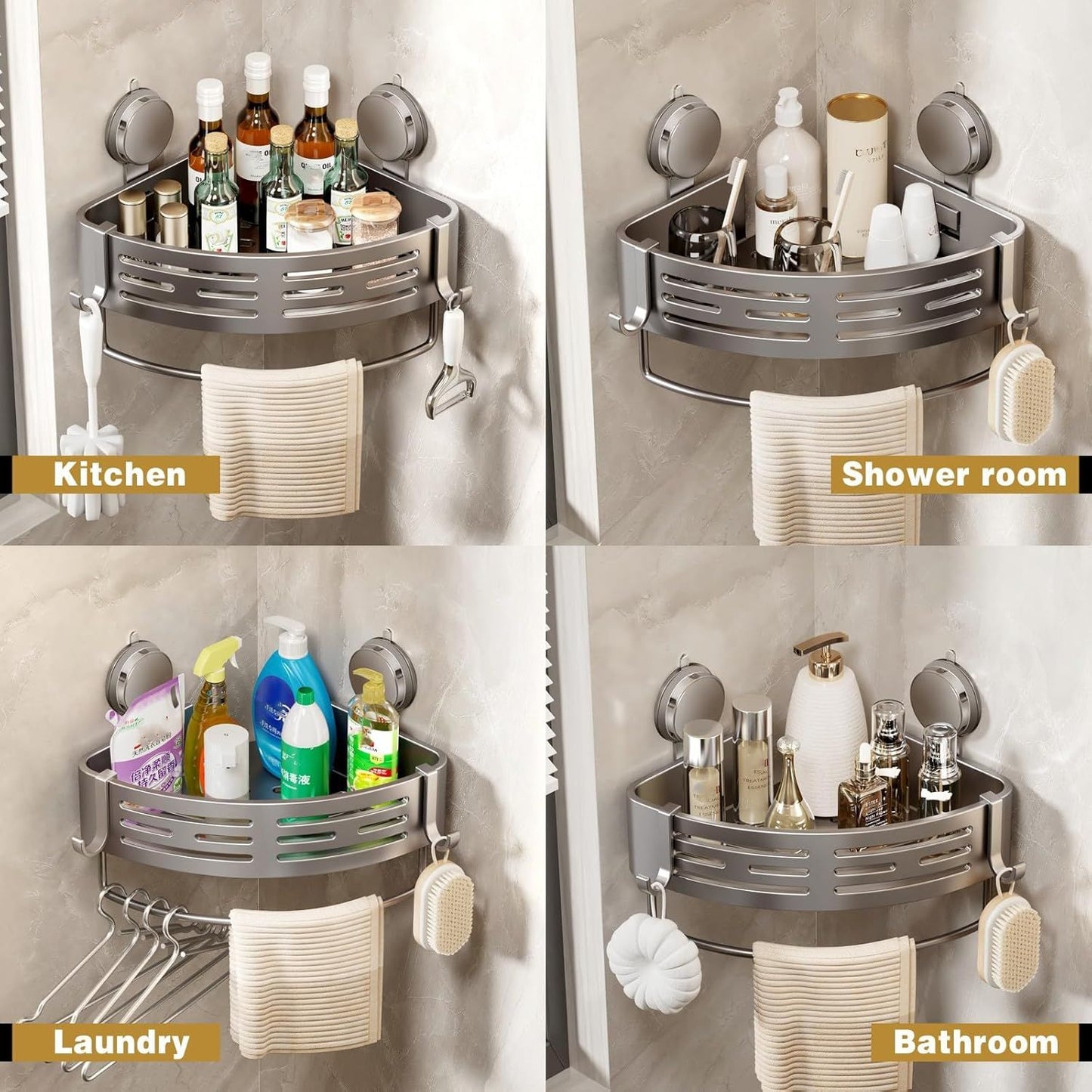 Corner Shower Caddy Suction Cup Shower Shelf Corner No Drilling Bathroom Shower Organizer Storage Rack Adhesive with Towel Bar