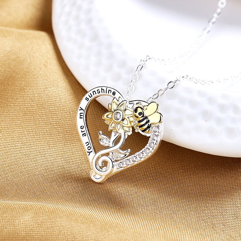 Silver Plated Rhinestone Heart Shaped Sunflower Bee Charm Necklace Valentine's Day Gift - Gee-Commerce, LLC