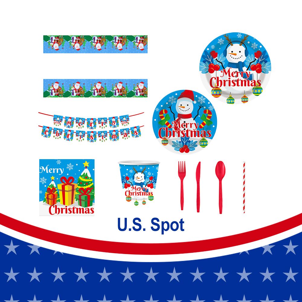 Christmas 10-piece set   Set Party Supplies Snowman Disposable Tableware Paper Plates and Napkins Banners Plastic tablecloths Cutlery Serves 60 for Merry Christmas Party Home Indoor Outdoor Decor Doba