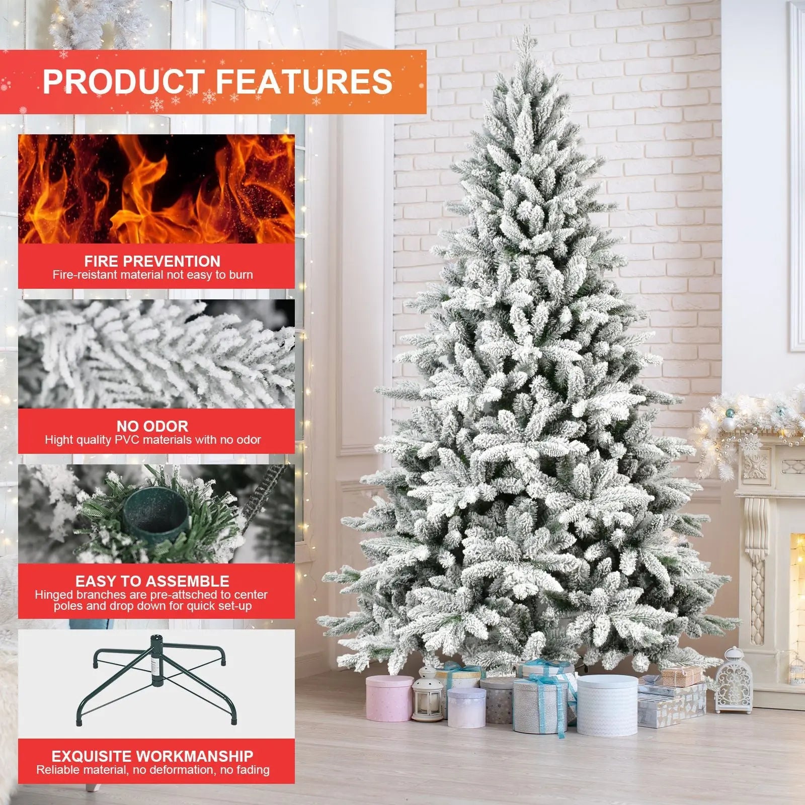 6ft PVC&PE Flocking Hinged Christmas Tree - Snow on branches - Gee-Commerce, LLC