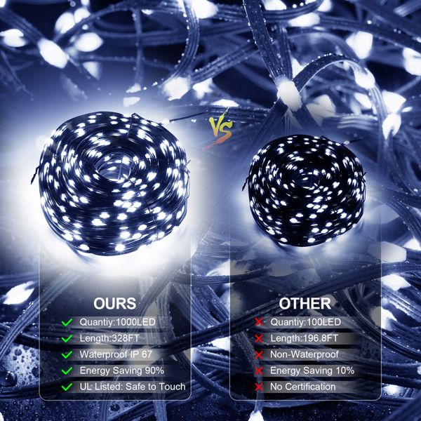 Christmas Rope Lights,1000LED/328Ft Outdoor Decorative String Strobe with 8 Modes/Remote/IP67 Waterproof/Timer/Memory Function for Xmas Holiday/Wedding/Party/DIY/Garden/Patio/Atmosphere Decor Doba