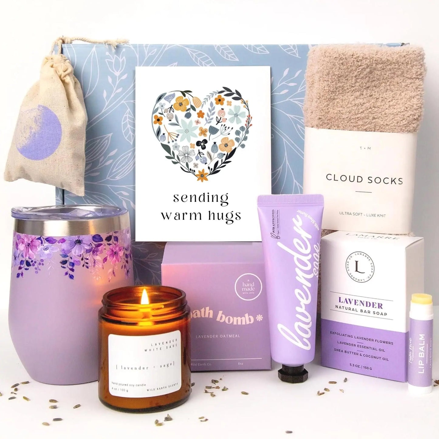 Lavender Spa Gift Basket For Women Relaxation Gifts Self Care Package with Lavender Scented Candle Wine Tumbler Bath Bomb Soap Socks Hand Cream & Bonus Card Sympathy Gift - Gee-Commerce, LLC