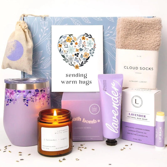 Lavender Spa Gift Basket For Women Relaxation Gifts Self Care Package with Lavender Scented Candle Wine Tumbler Bath Bomb Soap Socks Hand Cream & Bonus Card Sympathy Gift - Gee-Commerce, LLC