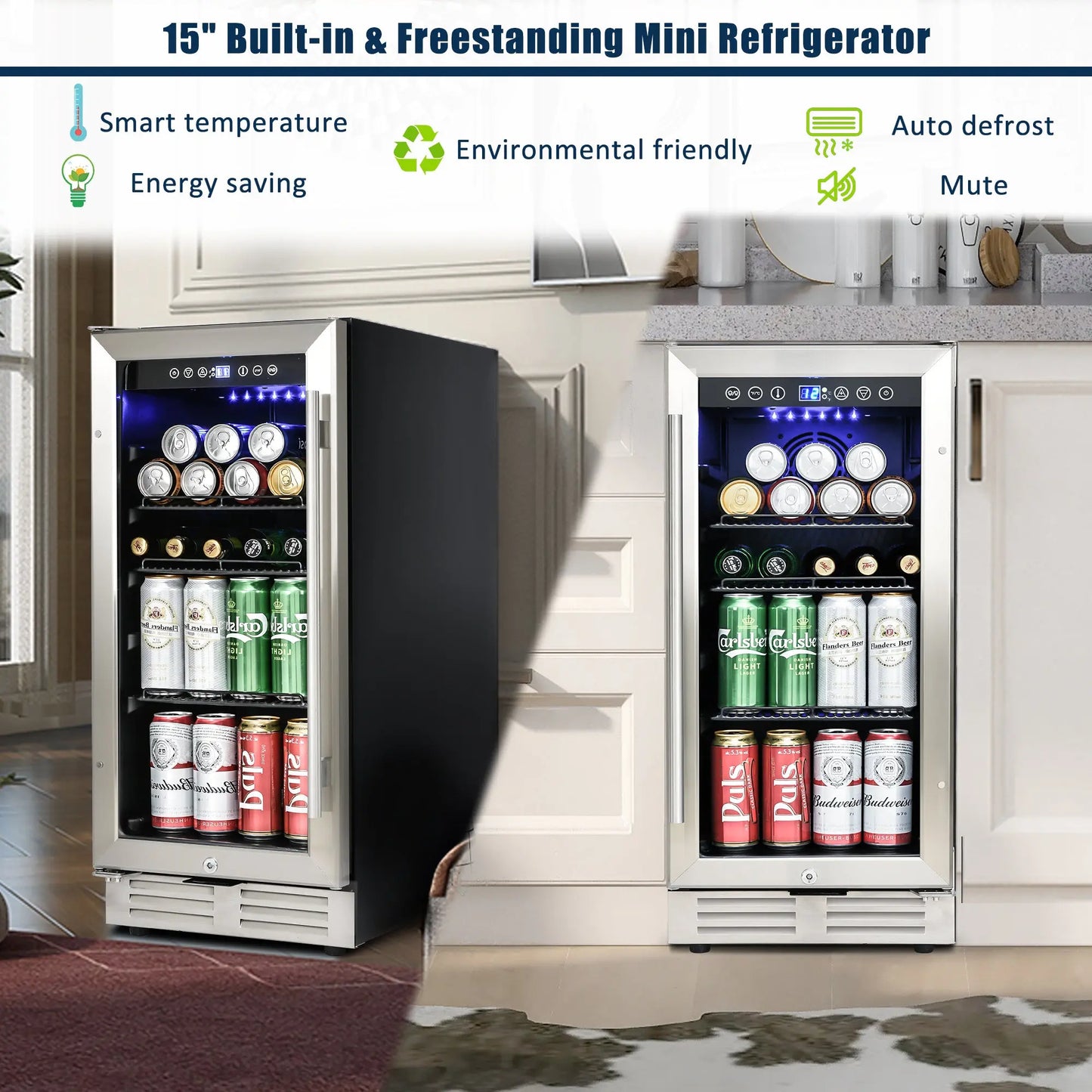 Premium 15-inch Mini Beverage Refrigerator / Wine Cooler - Built-in & Freestanding Doba