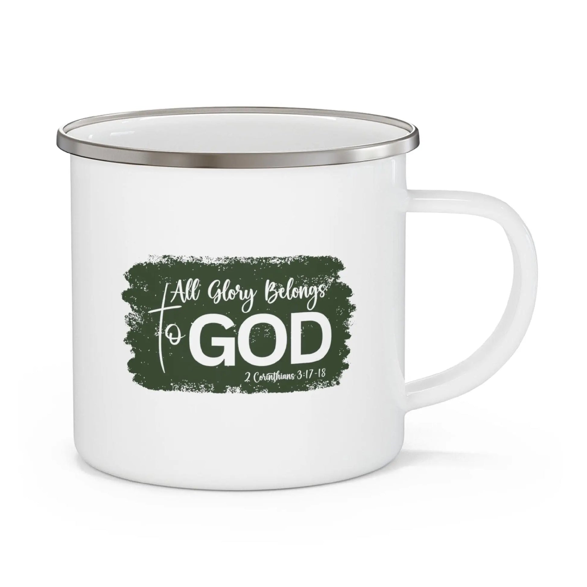 Enamel Camping Mug, All Glory Belongs To God Christian Illustration Dark Green inQue.Style