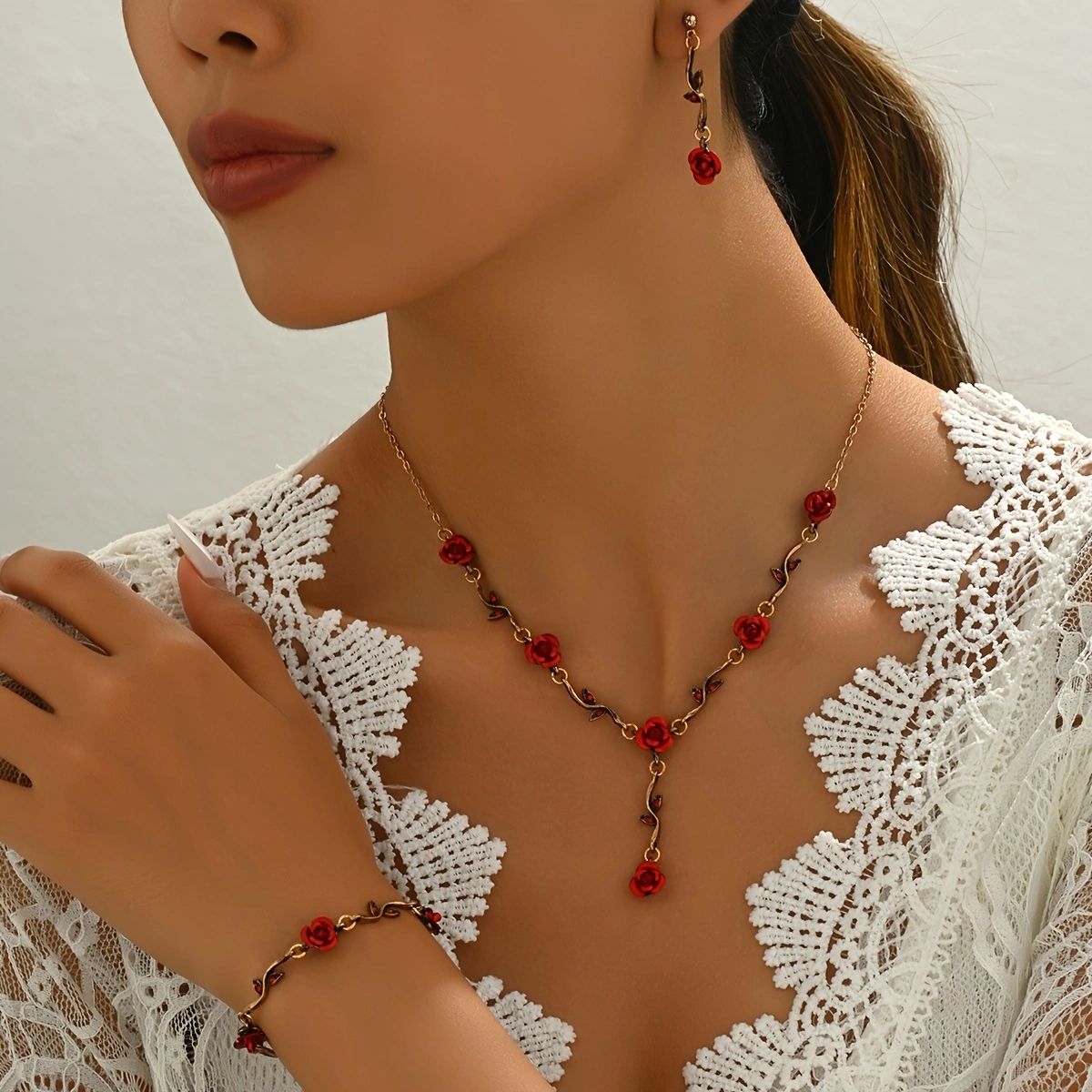 Romantic Rose Garden Jewelry Set -  Necklace, Bracelet, and Earrings Doba