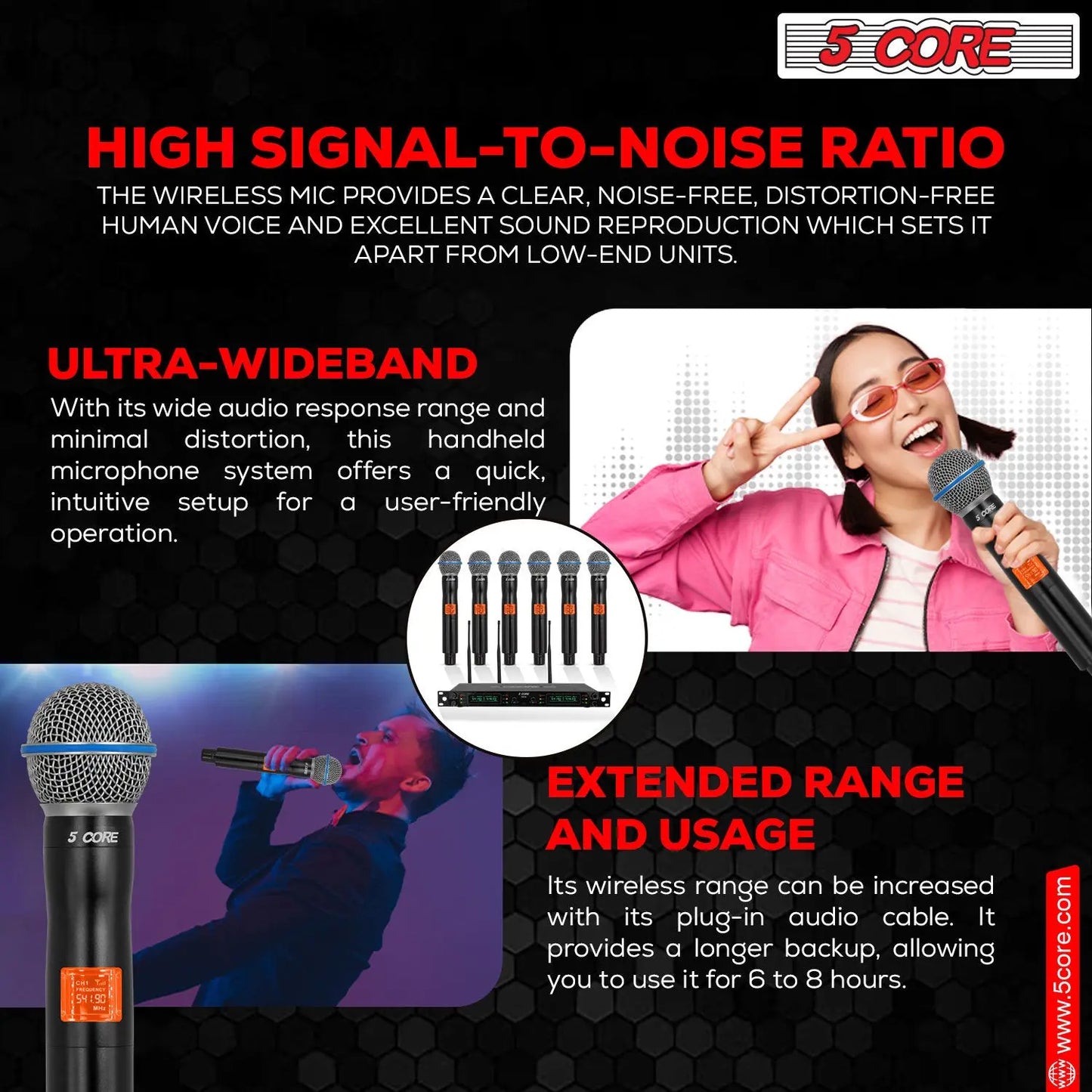 5 Core Wireless Microphones 8 Channel Dynamic Professional UHF Singing Mic System 5 Core