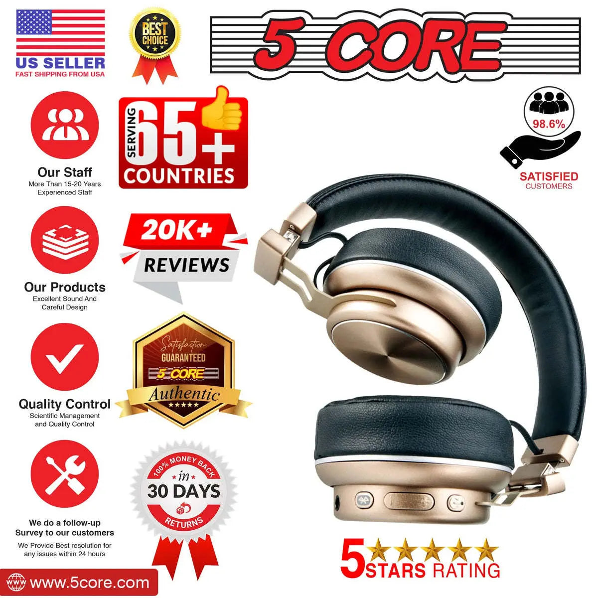 5 Core Bluetooth Headphones Over Ear Noise Cancelling Headset 5 Core