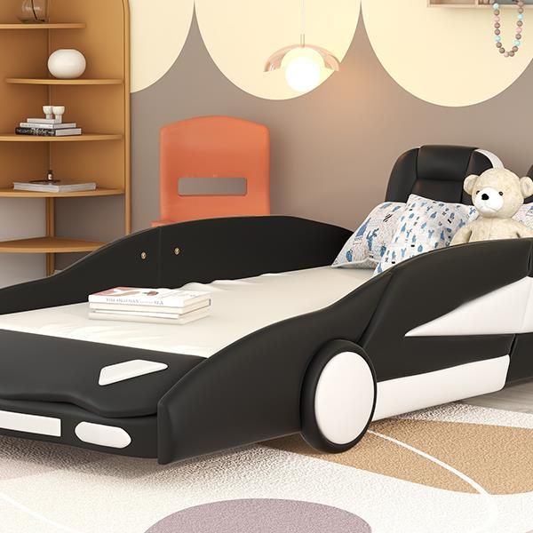 Twin Size Race Car-Shaped Platform Bed with Wheels, Black Doba