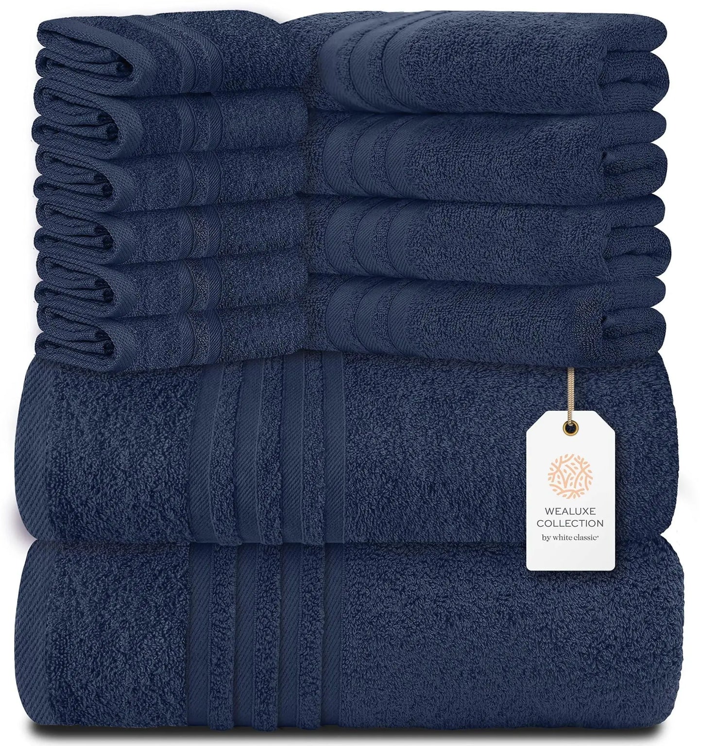 12 Piece Bath Towel Set for Bathroom Wealuxe Collection 2 Bath Towels 4 Hand Towels 6 Washcloths 100% Cotton Soft and Plush Highly Absorbent Soft Towel for Hotel & Spa Navy Blue Wealuxe