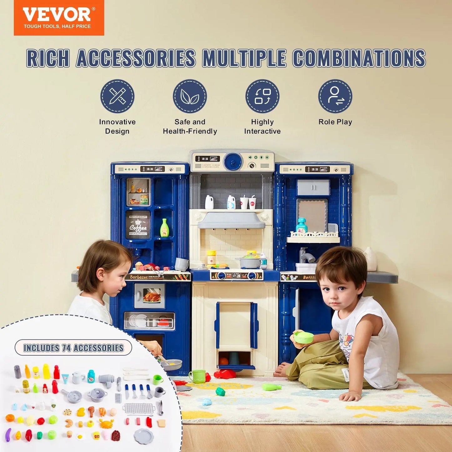 VEVOR Kitchen Playset Kids Pretend Cooking Play Toy 74 Piece Accessories Blue - Gee-Commerce, LLC