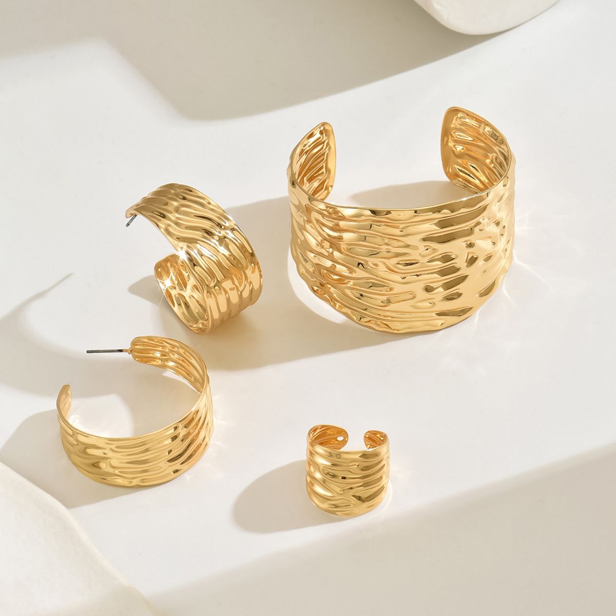 14K gold plated Golden Textured Hoop  Earrings and Cuff Bracelet Set Doba