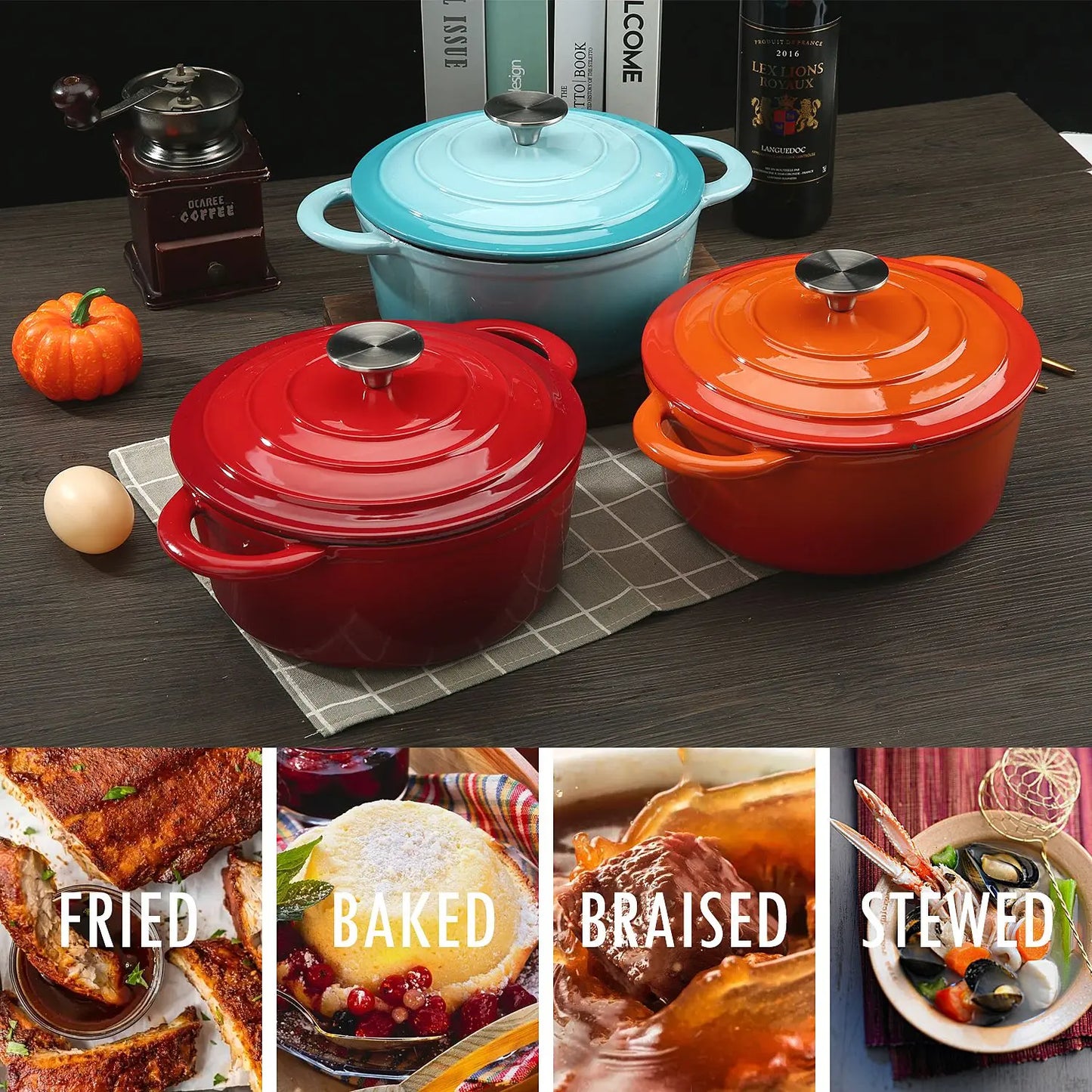 COOKWIN Enameled Cast Iron Dutch Oven with Self Basting Lid;  Enamel Coated Cookware Pot 3QT - Gee-Commerce, LLC