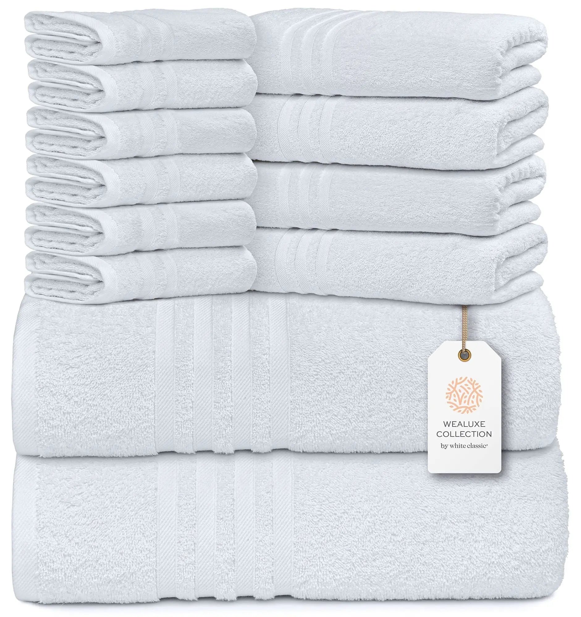 12 Piece Bath Towel Set for Bathroom 2 Bath Towels 4 Hand Towels 6 Washcloths 100% Cotton Soft and Plush Highly Absorbent Soft Towel for Hotel & Spa White Wealuxe