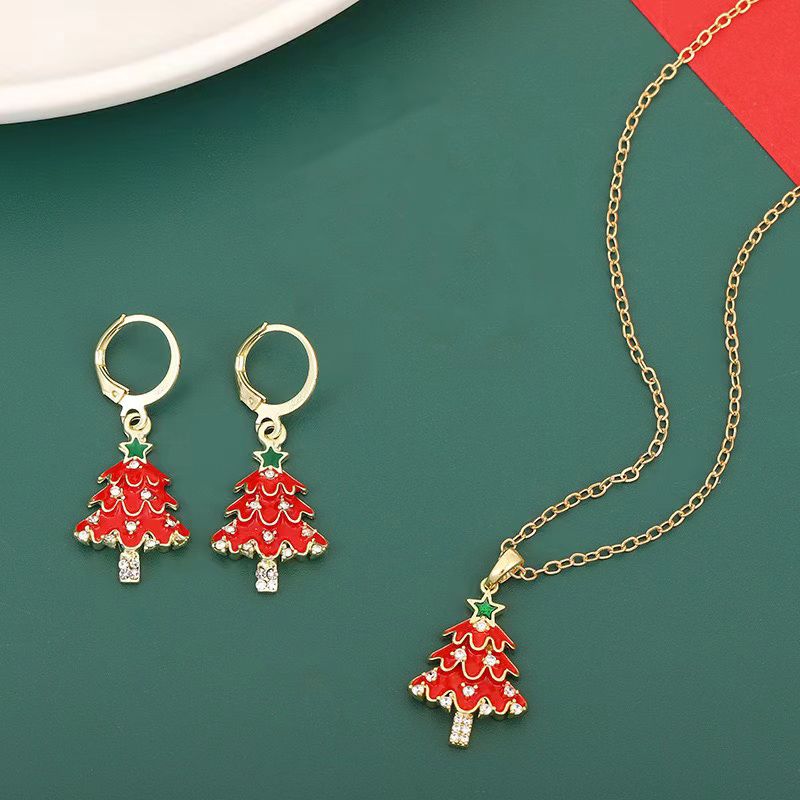 Christmas Tree Enamel and Rhinestone  Jewelry Set - Festive Necklace and Earrings Doba