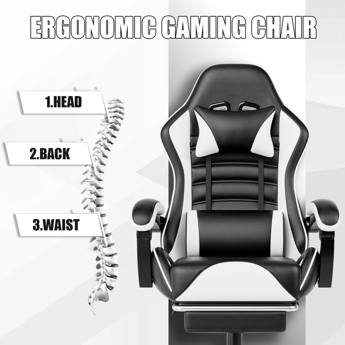 Ergonomic Gaming Chair for Adults, Comfortable Computer Chair for Heavy People, Adjustable Height Office Desk Chair with Wheels, Breathable Leather Video Game Chairs