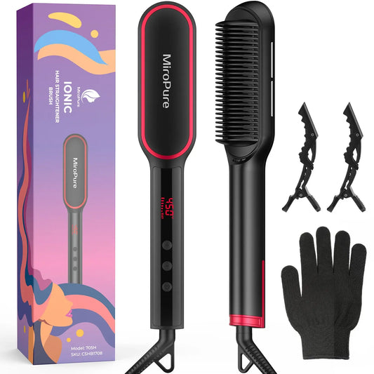 MiroPure Hair Straightener Brush, Hair Straightener Comb, 2-in-1 Ionic Straightening Brush with LCD Display, 13 Temperature Settings 30s Fast Even Heating Dual Voltage, Anti-Scald MicroPure