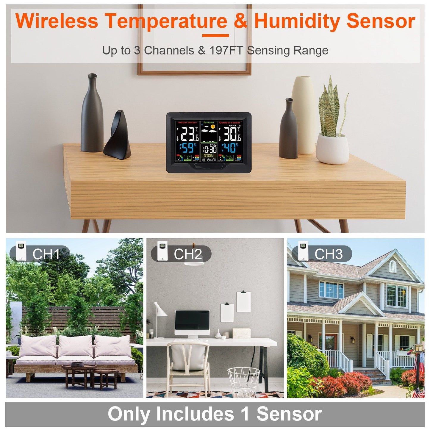 Electric Weather Station Wireless Alarm Clock with Indoor Outdoor Thermometer - 7 Languages Doba