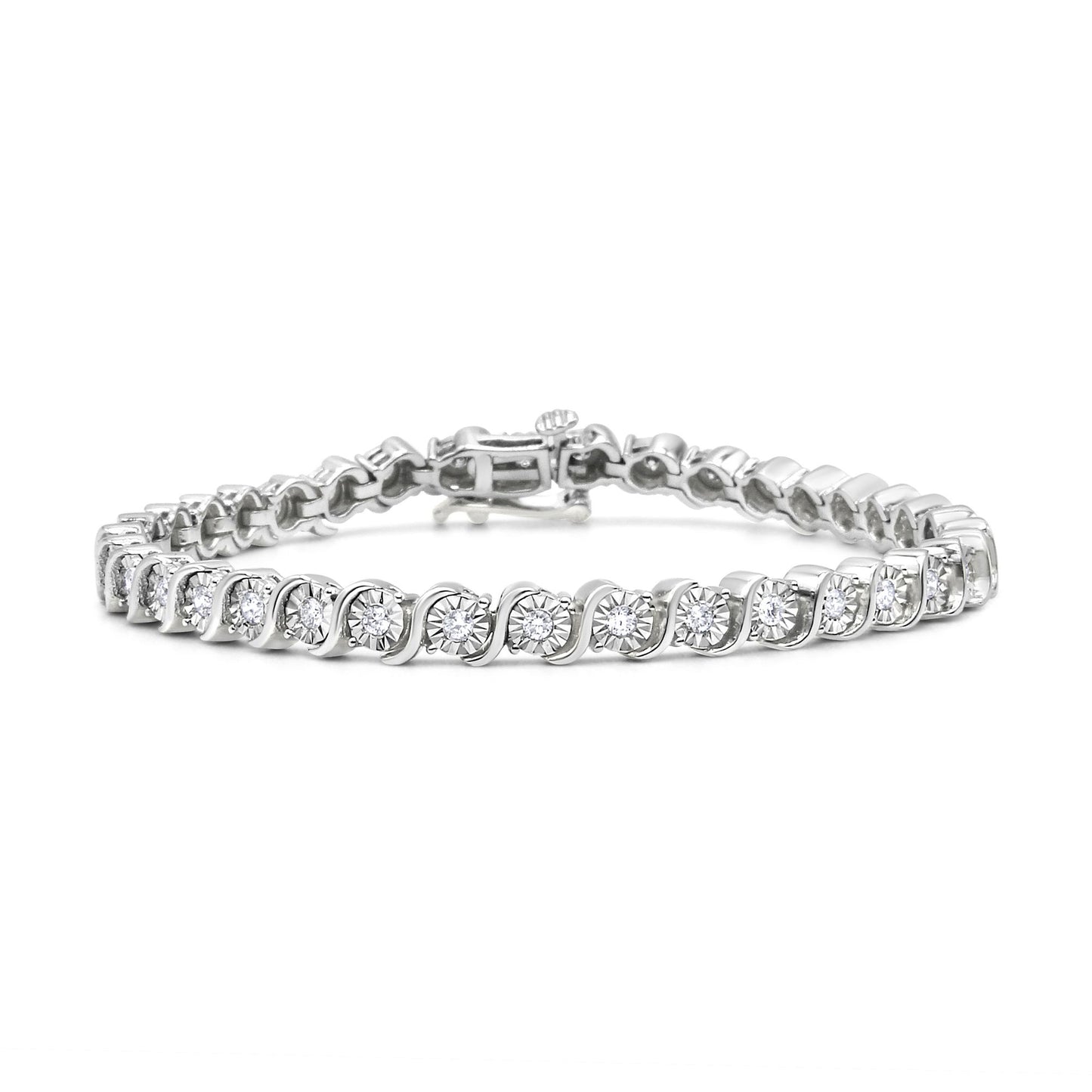 .925 Sterling Silver 1/4 Cttw Diamond Round Miracle Plate and "S" Link Tennis Bracelet (I-J Color, I2- I3 Clarity) - 7" Doba