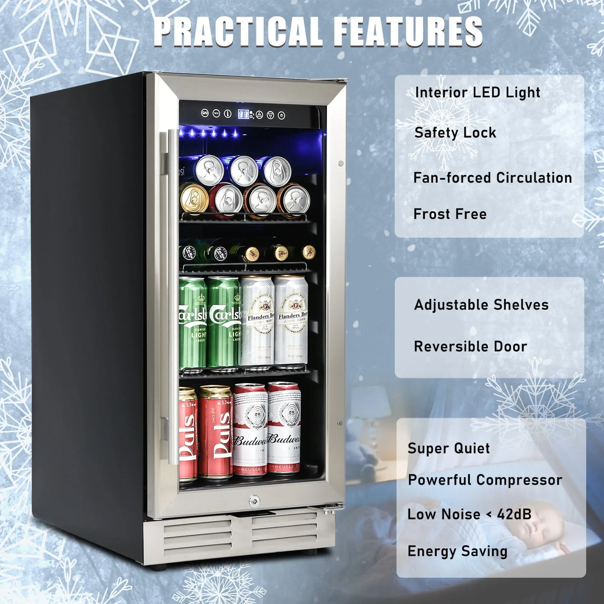 Premium 15-inch Mini Beverage Refrigerator / Wine Cooler - Built-in & Freestanding Doba