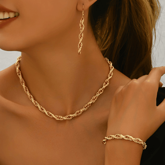 14K gold plated Stylish Gold Chain Link  Necklace, Bracelet, and Earring Set Doba