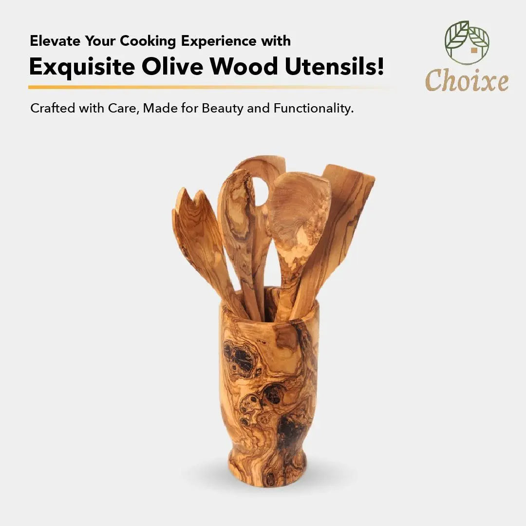 Olive Wood Kitchen Servers Set w/Holder -6 Pcs Doba