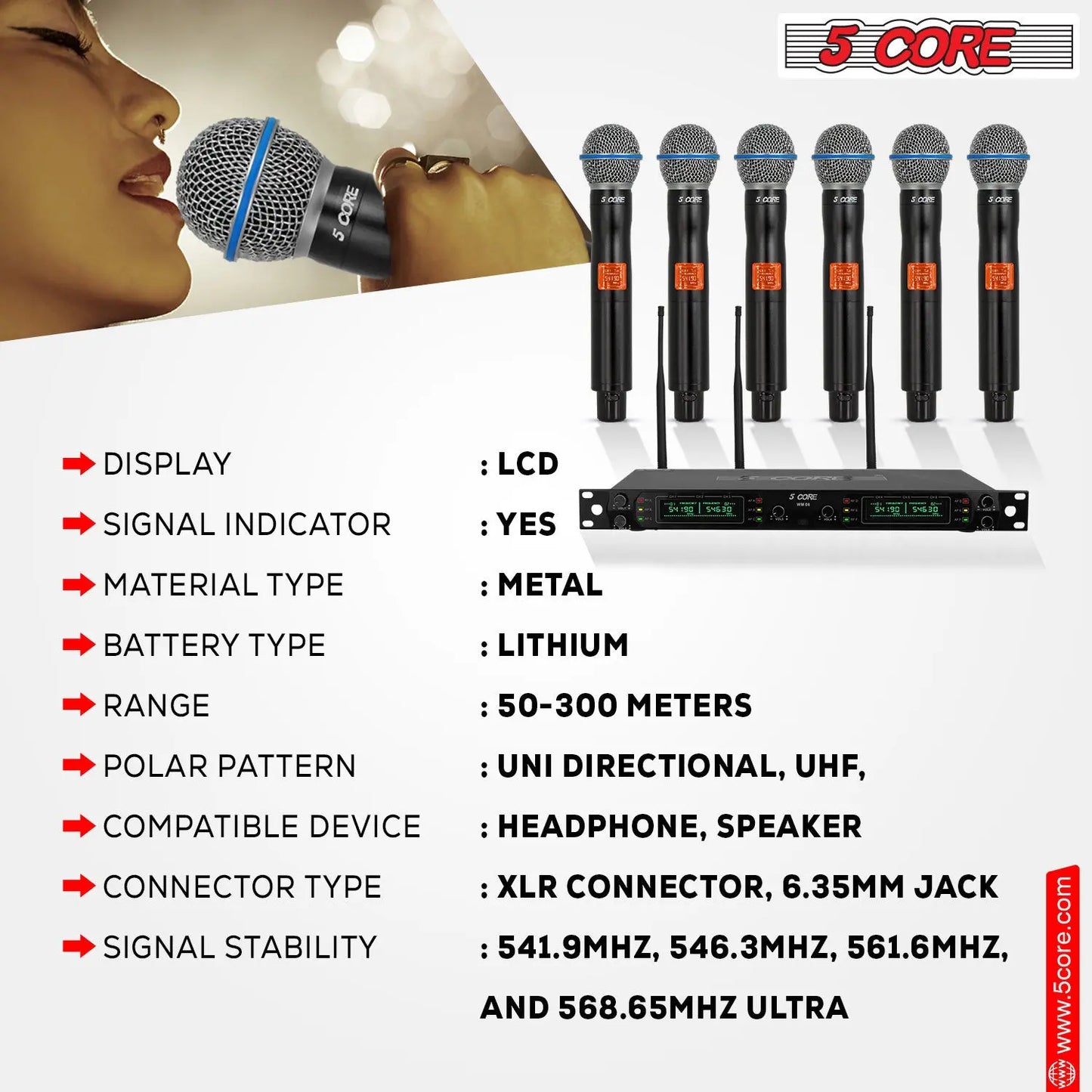 5 Core Wireless Microphones 8 Channel Dynamic Professional UHF Singing Mic System 5 Core