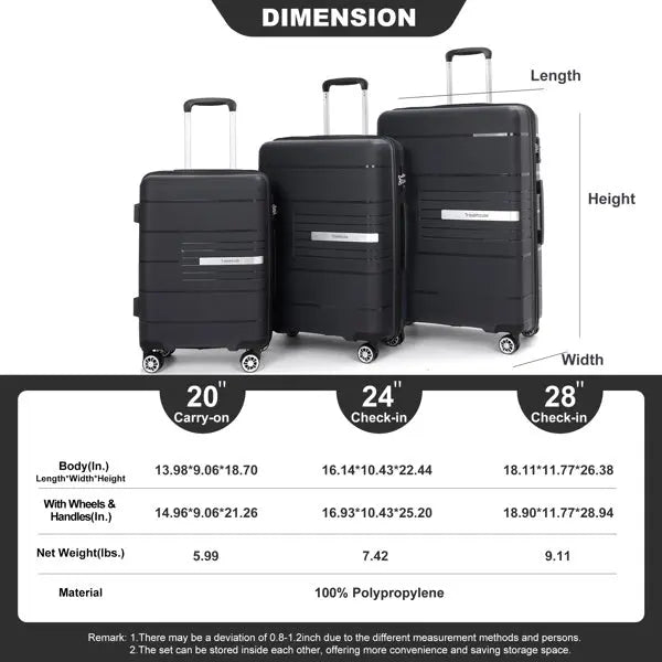 Hardshell Suitcase Double Spinner Wheels PP Luggage Sets Lightweight Durable Suitcase with TSA Lock,3-Piece Set (20/24/28) , Black inQ Boutique