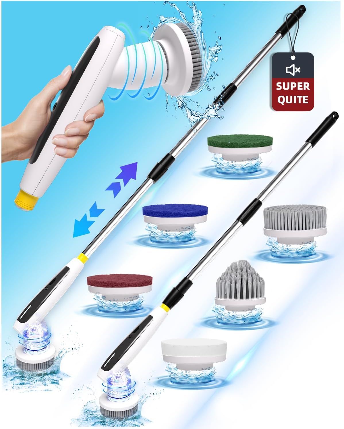 Electric Spin Scrubber, 2024 New Super Quiet Power Cleaning Brush for Bathroom Floor Tile with Long Handle, Cordless Shower Brush with 7 Replaceable Brush Heads, 120Mins Work Time, Dual Speeds Doba