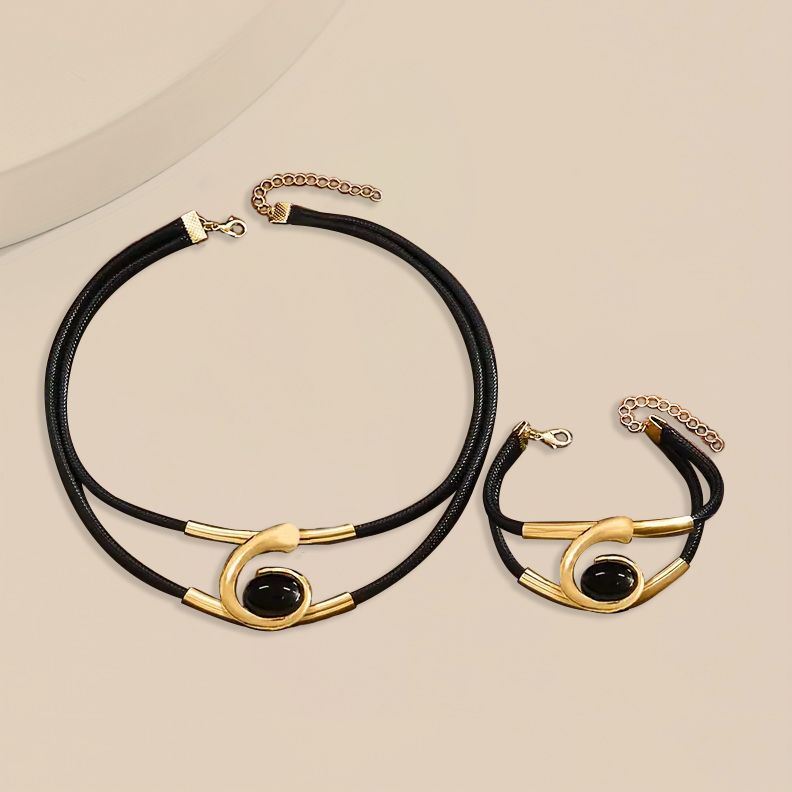 Modern Elegance: Black & Silver Leather  Choker Necklace and Bracelet Set Elegant 14K Gold Plated Black  Onyx Necklace and Bracelet Set Doba