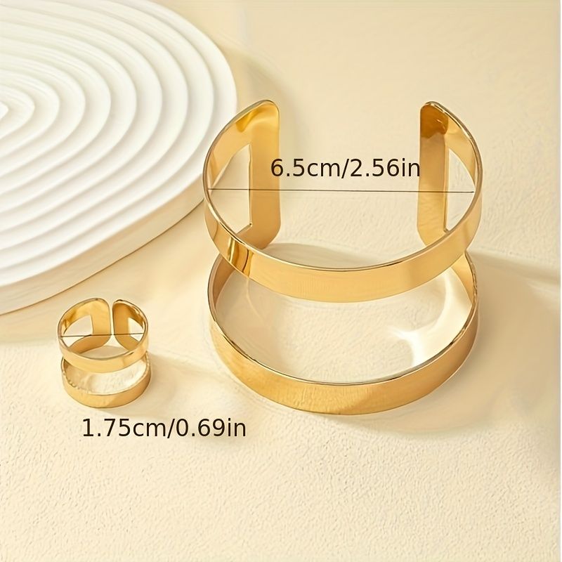 14K Gold Plated Cuff Bangle and  Ring Set - Minimalist Style Doba