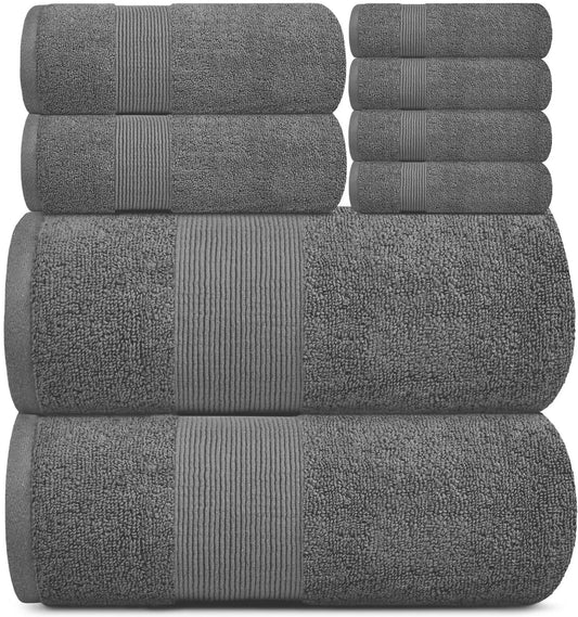 8 Piece Smoke Grey Resort Collection Soft Bath Towel Set White Classic