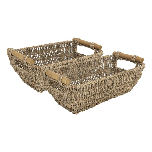 Small Wicker Baskets, Handwoven Baskets for Storage, Seagrass Rattan Baskets with Wooden Handles, 2-Pack Doba