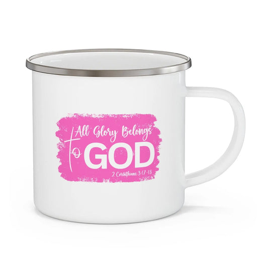 Enamel Camping Mug, All Glory Belongs To God Christian Illustration Pink inQue.Style