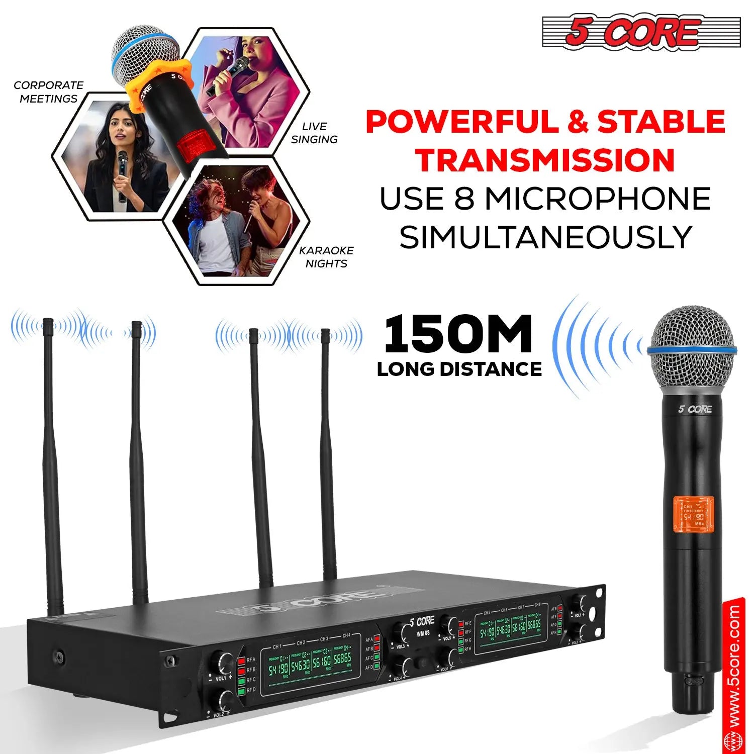 5 Core Wireless Microphones 8 Channel Dynamic Professional UHF Singing Mic System 5 Core