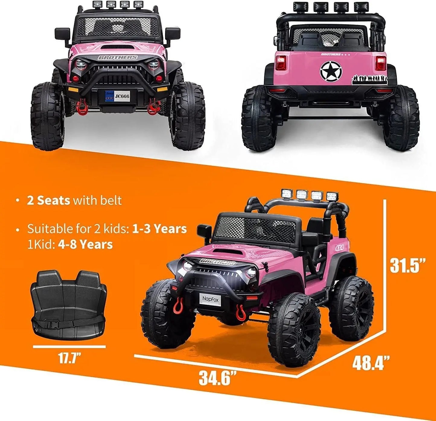 Pink 48.4" Large Ride On Car for Kids, Battery Powered Electric Car with 2 Seats, Remote Control, 14" Large Suspension Wheels, LED Lights, Music, Bluetooth for Boys & Girls FX070