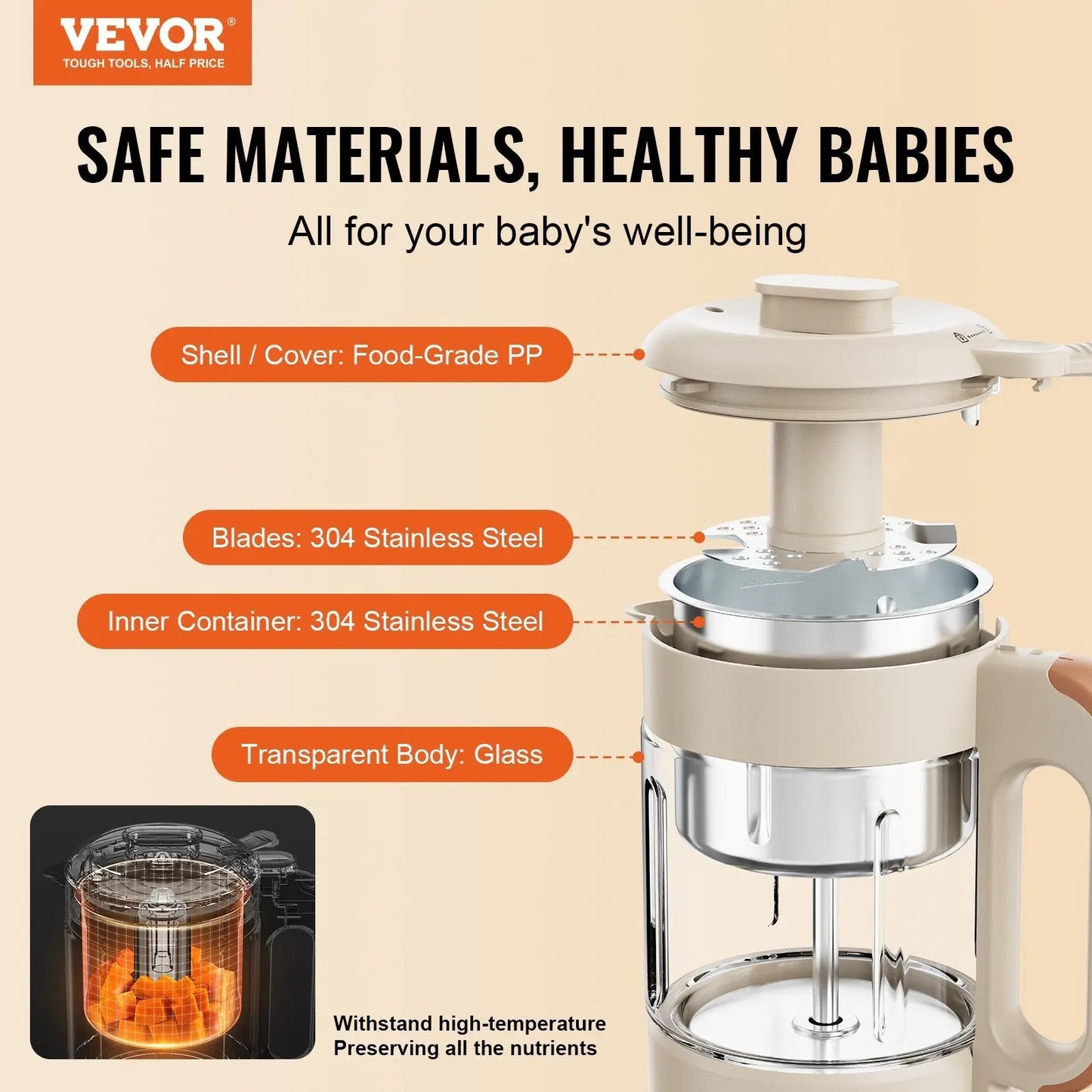 VEVOR Baby Food Maker, 500W Baby Food Processor with 300 ml Glass Bowl Doba