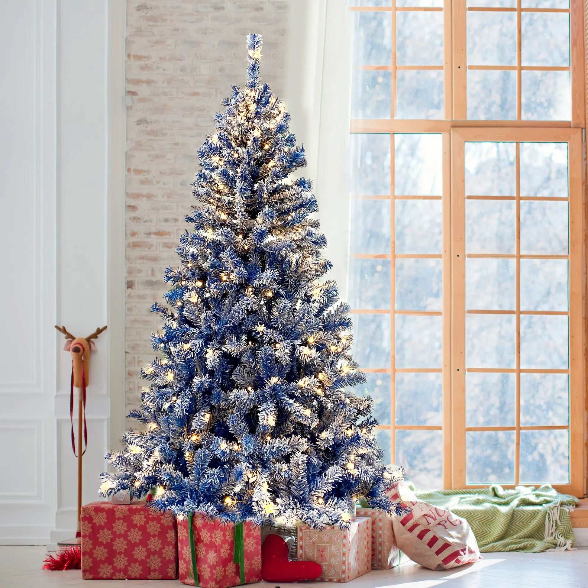 6FT Pre-Lit Hinged Artificial Fir Christmas Tree - Blue Orien Home