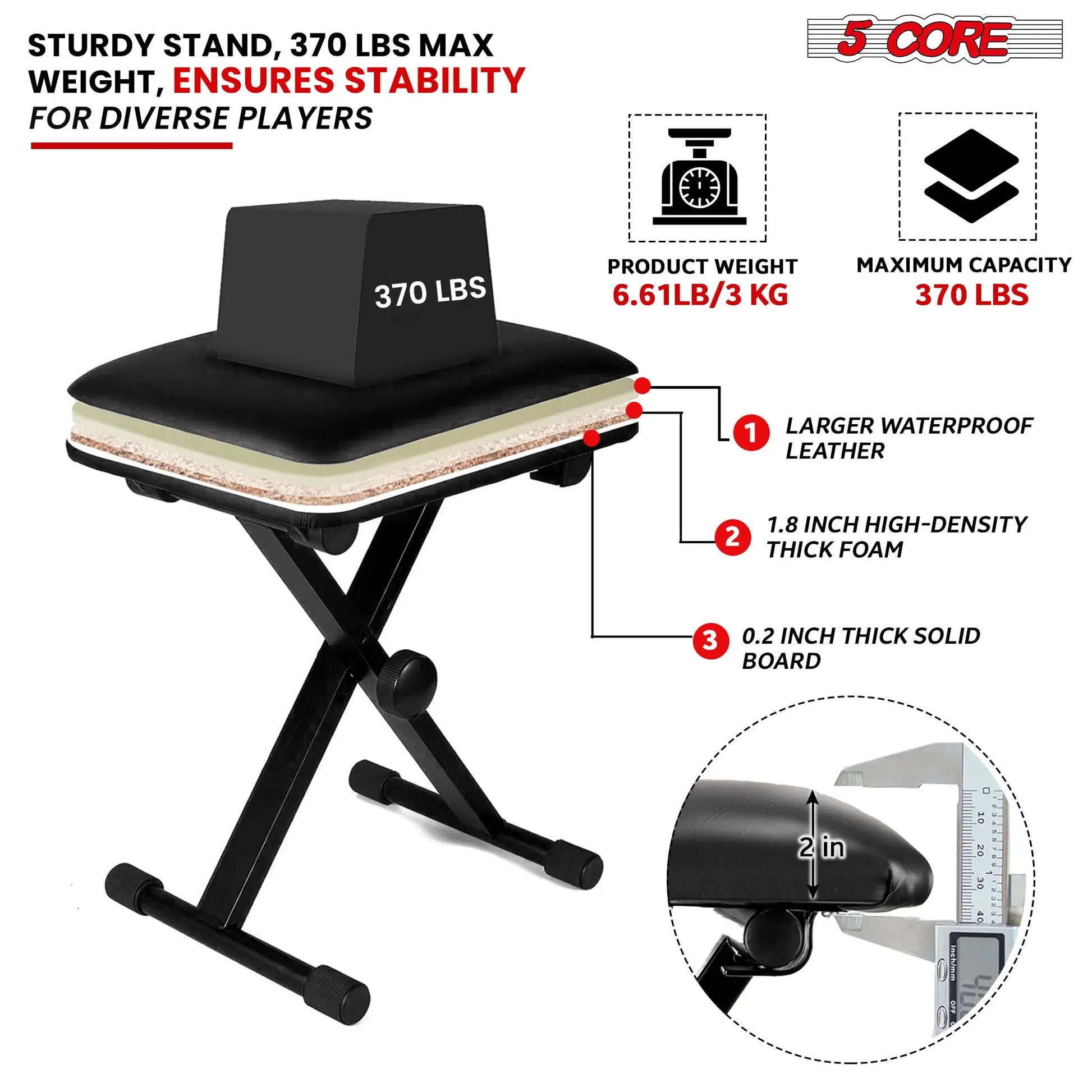 5 Core Keyboard Bench - Thick Padded 12 to 18.5 inch 5 Core