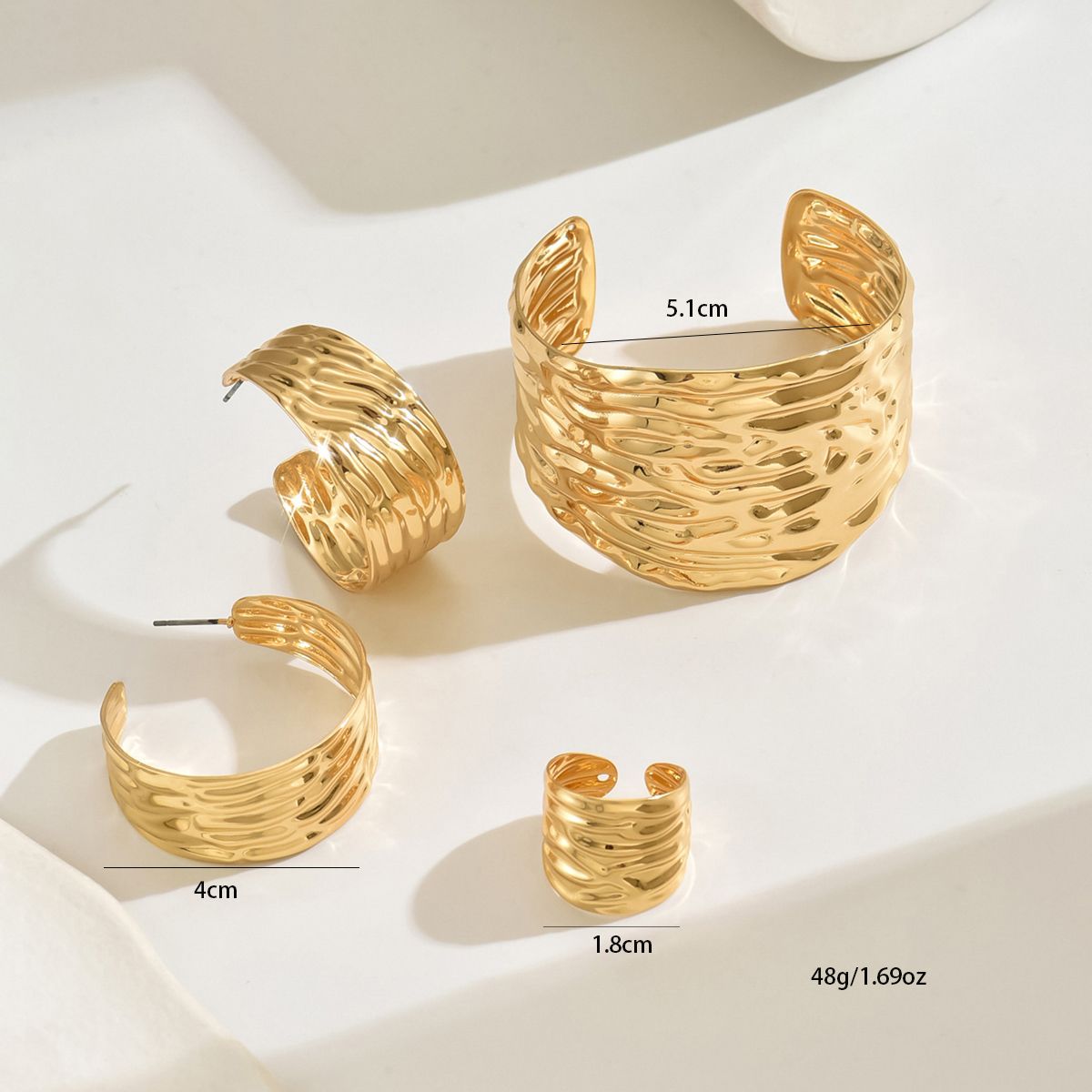 14K gold plated Golden Textured Hoop  Earrings and Cuff Bracelet Set Doba