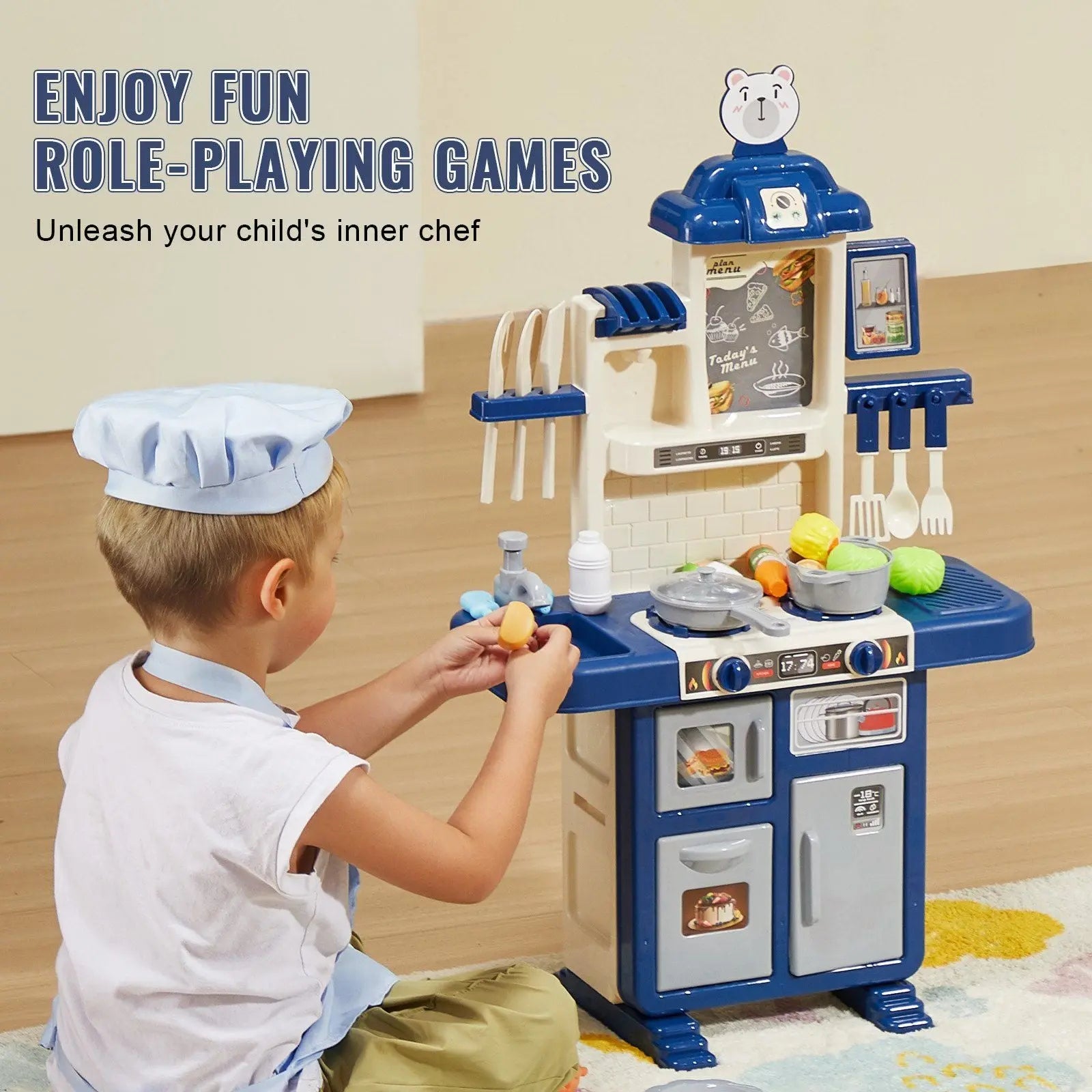 VEVOR Kitchen Playset Kids Pretend Cooking Play Toy 48 Piece Accessories Blue - Gee-Commerce, LLC