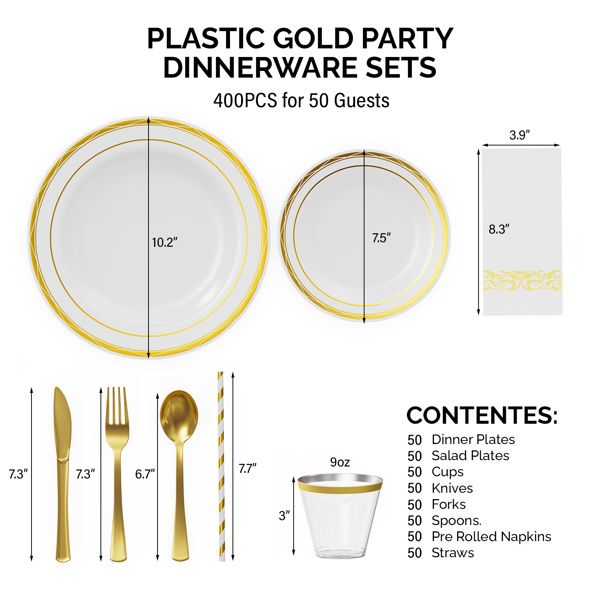 50 sets of flat plastic circular gold disposable tableware with size plates, cups, knives, forks, tissues, straws included Doba