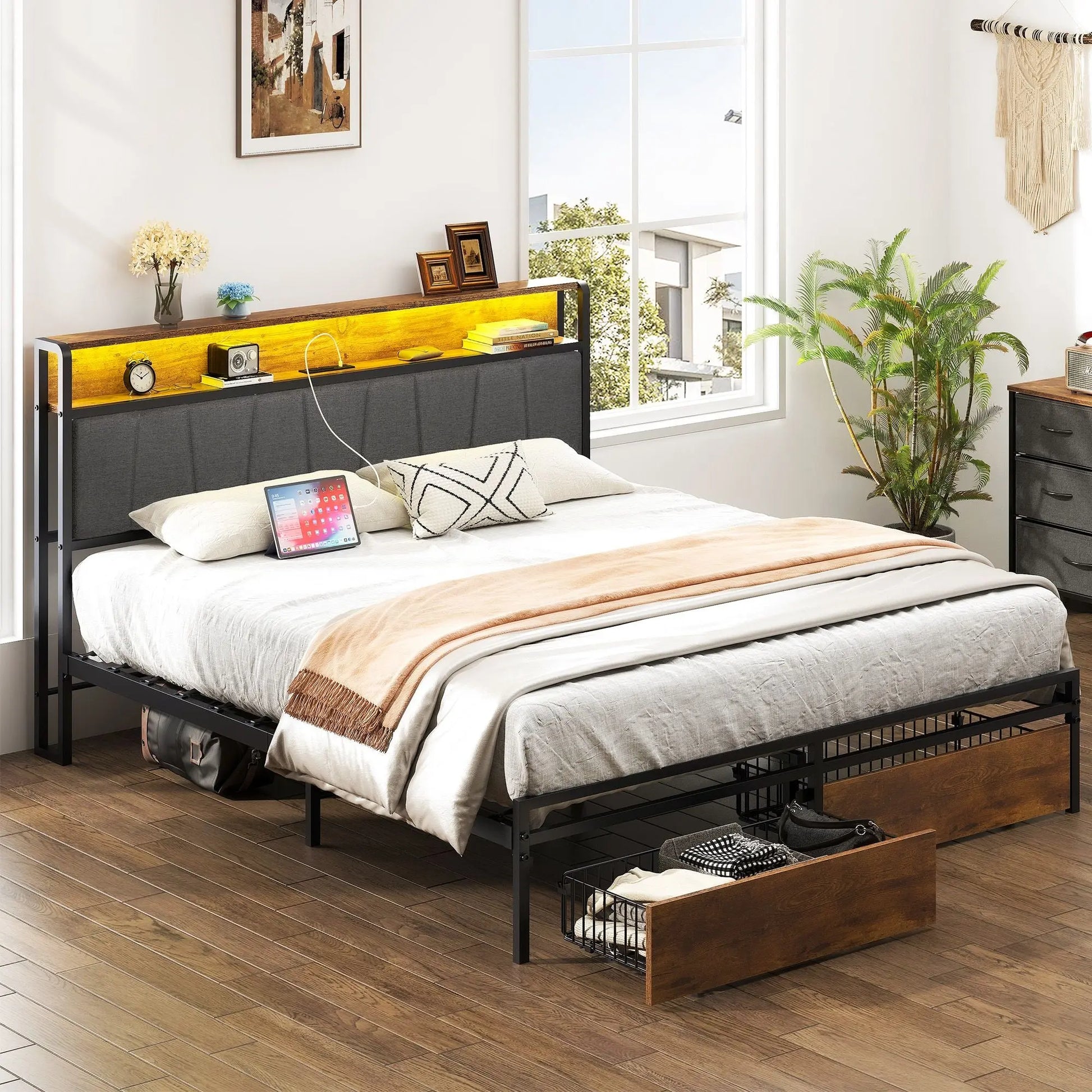 Queen Size Bed Frame Upholstered Platform Bed Frame with Storage Drawers, USB Ports, LED Lights, Upholstered Wingback Headboard, Rustic Brown - Gee-Commerce, LLC